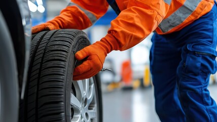 A worker in bright orange attire is changing a tire on a vehicle, demonstrating maintenance in an automotive service environment.