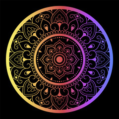 Color circular pattern in form of mandala with flower for decoration or print. Decorative ornament in ethnic oriental style. Rainbow design on black background.