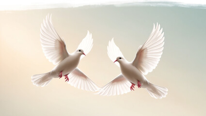 A serene and delicate illustration of two white pegeon