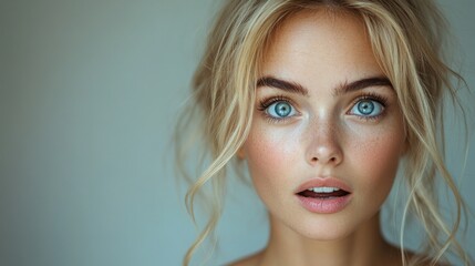 Naklejka premium A woman with blonde hair and blue eyes is looking at the camera