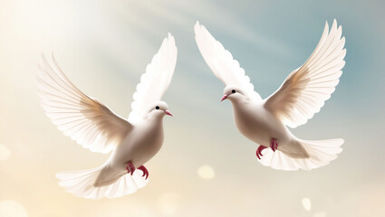 A serene and delicate illustration of two white pegeon