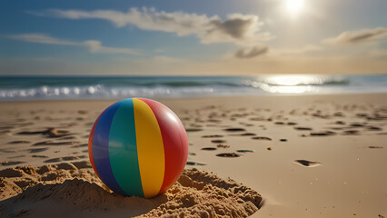 Obraz premium a colorful beach ball resting on soft, golden beach sand