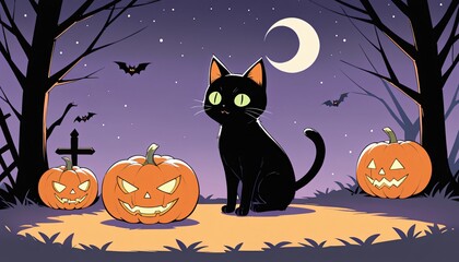 illustration of a Halloween night with moon and pumpkin background