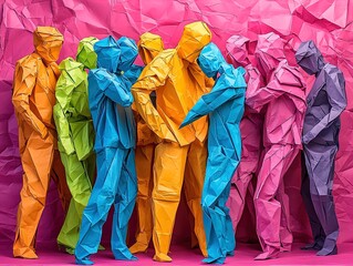 Fototapeta premium Vibrant Crumpled Paper Figures: A Colorful Abstract Gathering Perfect for Sports Interior Posters or Creative Wall Art