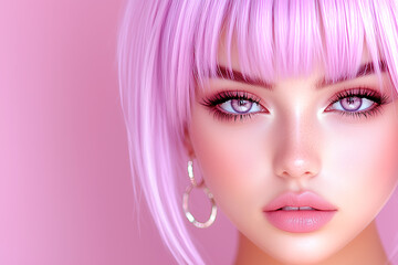 A woman with pink hair and pink makeup. She has a pink background. The woman is wearing a silver earring