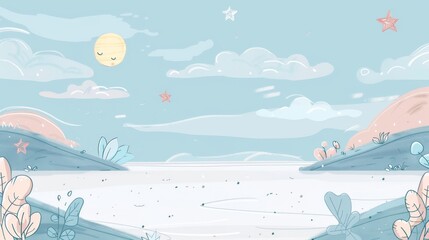 A charming pastel illustration of a serene landscape featuring a dreamy sky, stars, and gentle hills in soft, calming colors.