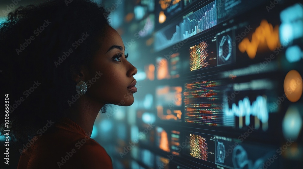 Aufkleber A woman is looking at a computer screen with many different colored lines