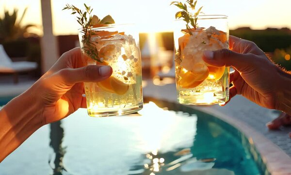 Two people clink glasses filled with refreshing drinks by a poolside, with bright sunlight reflecting off the water, creating a relaxed and tropical vacation vibe.
