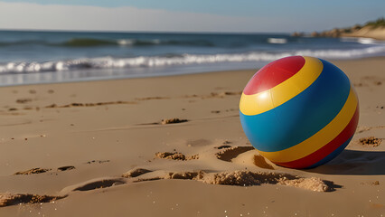 Obraz premium a colorful beach ball resting on soft, golden beach sand