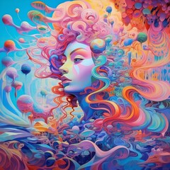 A vibrant, surreal portrait blending human features with abstract elements.