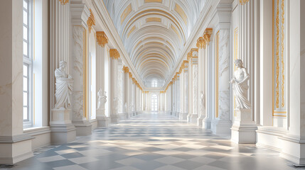 A luxurious palace hallway lined with white columns