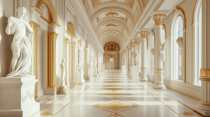 Fototapeta premium A luxurious palace hallway lined with white columns