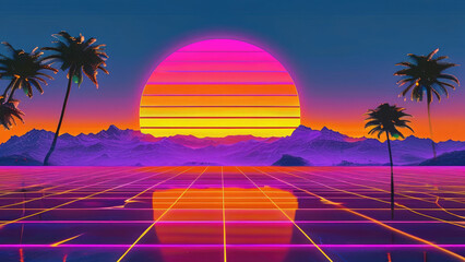 Naklejka premium Retro 80s Synthwave Sunset