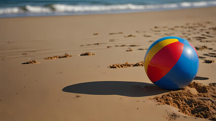 Obraz premium a colorful beach ball resting on soft, golden beach sand