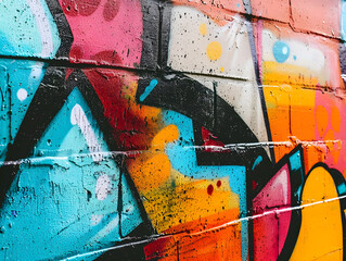 Colorful graffiti mural on urban wall, featuring bold shapes and vibrant colors in v6 style.