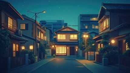 Obraz premium beautiful japanese city town in the evening, lofi