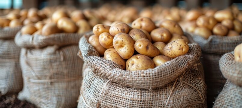 A sack of fresh potatoes lying down on a clean white background, isolated for clarity and focus