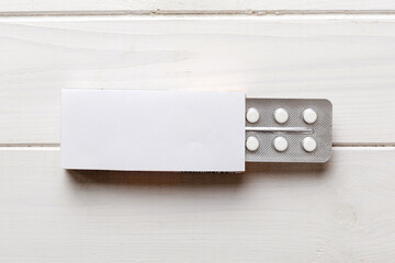 Blank White Product Package Box Mock-up. Open blank medicine drug box with blister top view