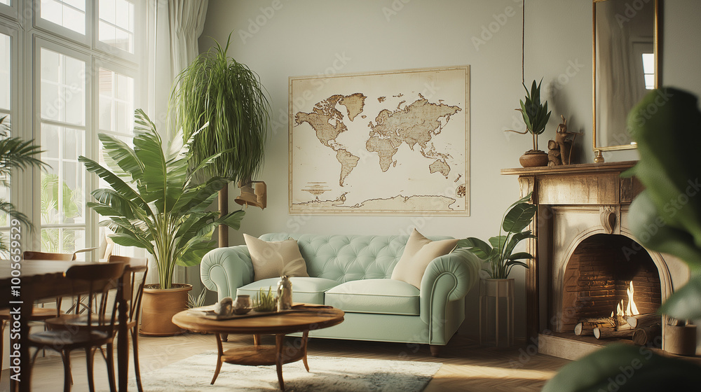 Wall mural modern living room, a living room with a mint green shaped couch, light wooden floors, simple white 