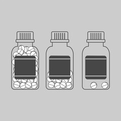 Minimalistic line drawing of three pill containers, each with different quantities of tablets inside