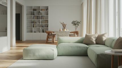Fototapeta premium modern living room, A living room with a mint green shaped couch, light wooden floors, simple white bookshelves, and a dining room in the back featuring a sleek table and minimalist chairs