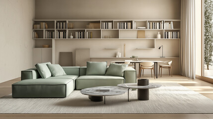 modern living room, A living room with a mint sofa, rattan armchairs, a large woven rug, indoor plants in baskets, and a vintage world map poster above the sofa. The dining room has a rustic wooden ta