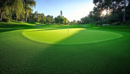 Fototapeta premium A beautifully maintained golf course with lush green grass and a sunny sky, perfect for a day of golfing.