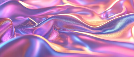 Obraz premium The colorful satin fabric flows in gentle waves, reflecting a blend of purple, pink, and orange tones. Soft lighting enhances its shimmering texture, creating an inviting appearance
