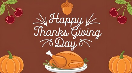 Festive Thanksgiving Illustration with Roasted Turkey, Pumpkins, and 'Happy Thanksgiving Day' Text on Burgundy Background, banner, poster, cover