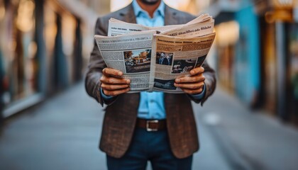 A man reading a newspaper in a vibrant urban setting, showcasing relaxed morning vibes and news engagement.