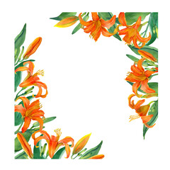 Orange Lily flower composition, watercolor handdrawn frame, isolated clipart. Tropical blooms and buds on green stems in natural style. Design for covers, packaging, template, season offer.
