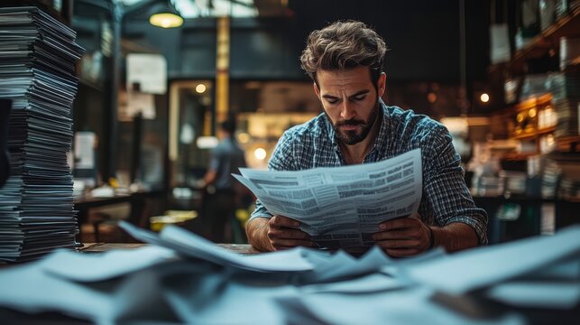 A man reading a newspaper surrounded by stacks of papers in a cozy cafe environment.
