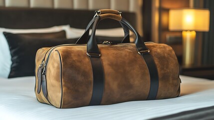 A fashionable duffle bag placed on a neatly made hotel bed, with room for promotional text on the side, emphasizing comfort and relaxation in luxury accommodations.