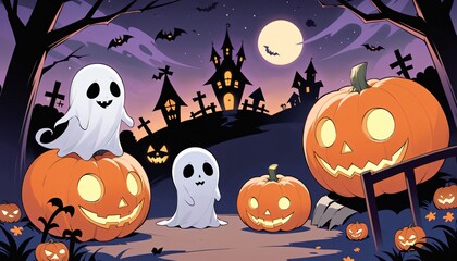 illustration of a Halloween night with moon and pumpkin background