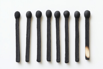 Eight black matches lined up in the same row, against a white background. Created with Ai