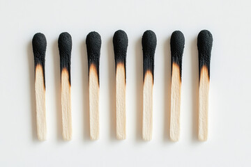 A series of black, burnt matches arranged in an orderly manner on a white background, each match with its head burning with flames. Created with Ai