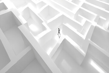  3D render of a person walking in a white maze. Created with Ai