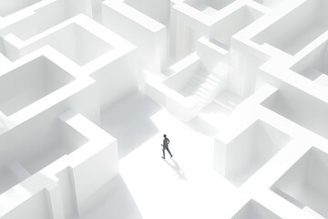 A person standing in the center of an isometric white maze, with stairs leading up to each level, symbolizing progress and self-improvement. Created with Ai