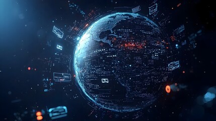 A 3D depicting a globe surrounded by digital footprints symbolizing the global nature and interconnectivity of online activities digital transformation and the worldwide reach of the virtual world