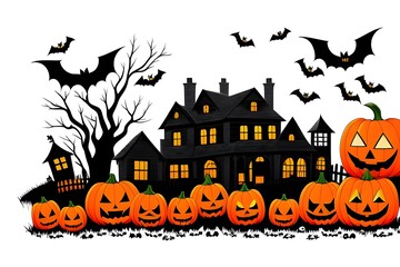 Spooky Halloween Party with Jack-o'-lanterns and Witch Silhouettes Generative AI illustration