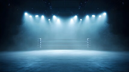 A captivating image of an empty boxing ring where the central focus is drawn to the ring itself through dramatic lighting creating a moody and intense atmosphere surrounded by deep shadows