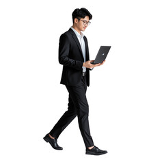 Confident Asian Businessman in Casual Formal Attire Walking and Working on Laptop with Dynamic Low Angle View in Studio