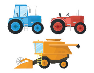 Set of agricultural machinery. Two tractors and a combine harvester.