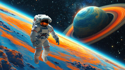 Space Exploration: Astronaut Floating Near a Distant Planet