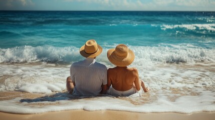 A couple is sitting on the beach, enjoying the ocean view
