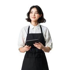 Smiling Japanese Store Clerk with Tablet Managing Inventory and Customer Service