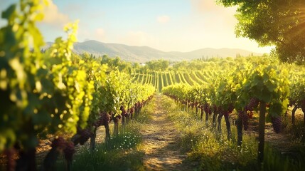 Fototapeta premium A path leads through a vineyard with rows of grapevines and ripe grapes on a sunny day with mountains in the distance.