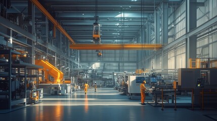 Modern Factory Workers Operating Machinery in a High Tech Manufacturing Plant