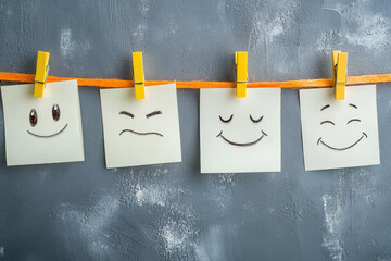 4 white sticky notes with smiley faces on them. Created with Ai