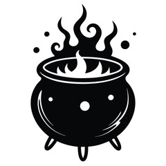 Solid color Witches cauldron with potion bubbling witches brew on fire vector isolated on white background